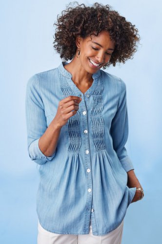Women Long Sleeve Pleated Tunic