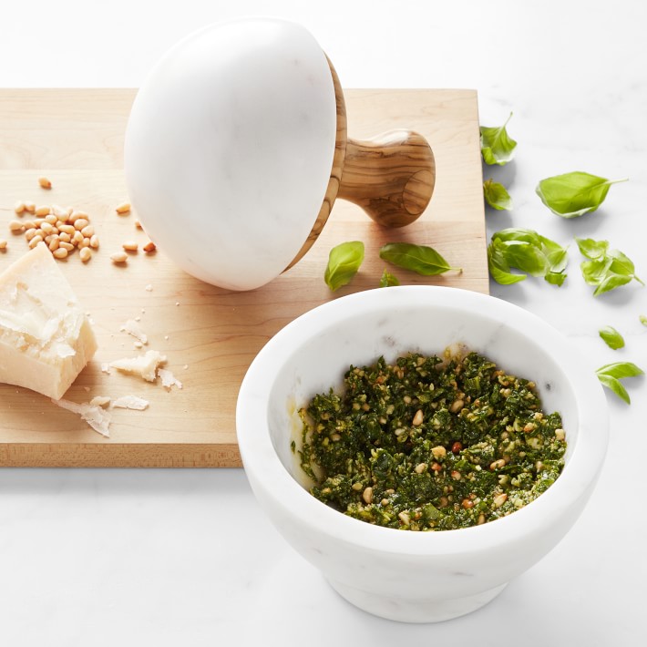 White Marble and Olivewood Mortar and Pestle