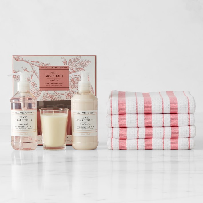 Geranium Pink Classic Stripe Towels & Pink Grapefruit Guest Set Bundle