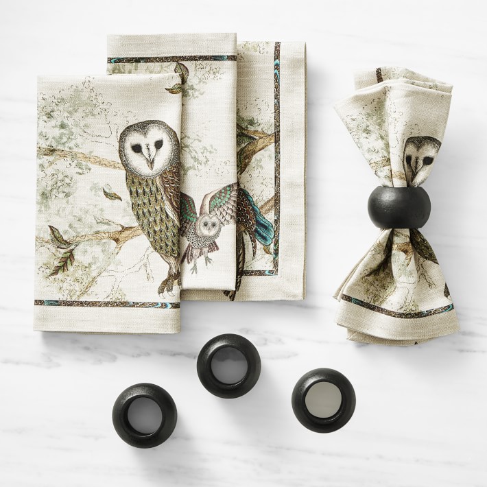 Owl Napkins with Black Wood Napkin Rings Bundle