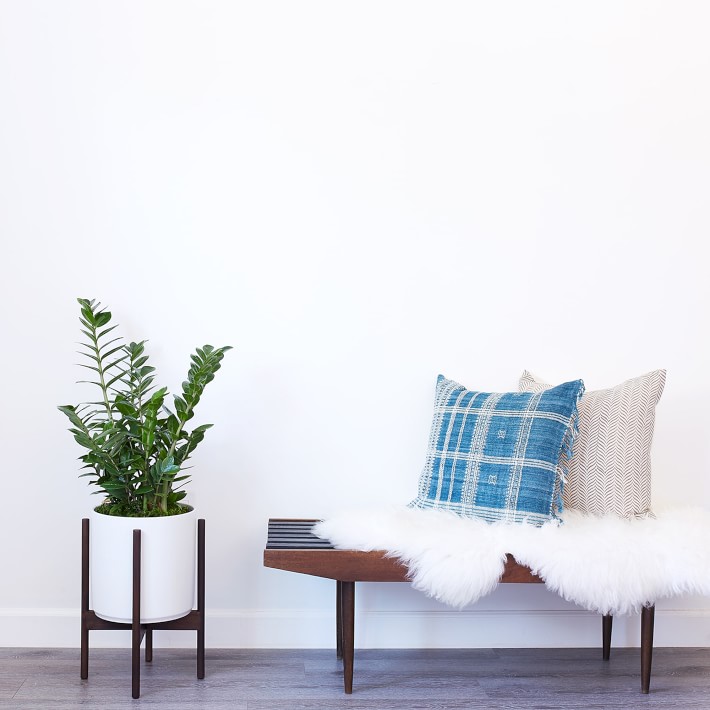 REVIVAL Ceramics White Planter with Dark Teak Stand