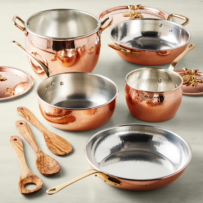Ruffoni Historia Hammered Copper 11-Piece Cookware Set with Olivewood Tools