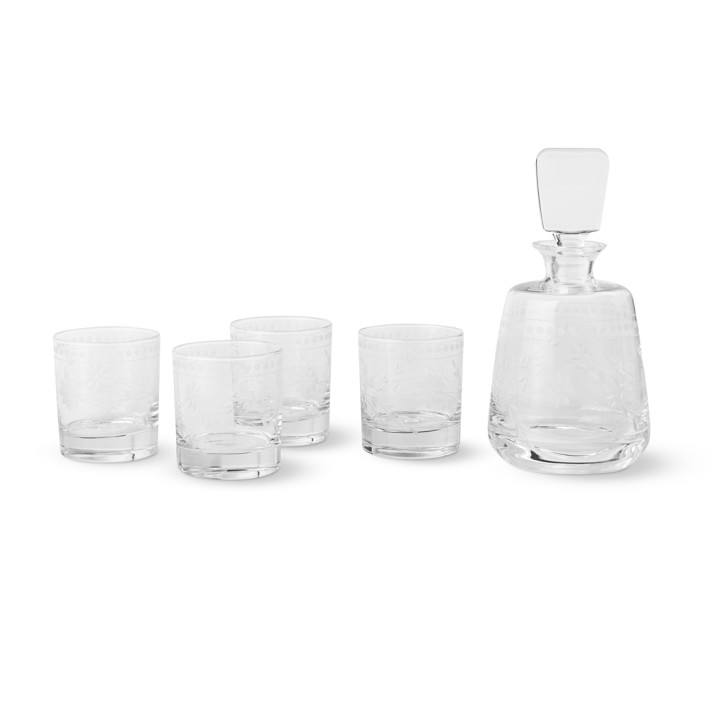 Vintage Etched Decanter & Double Old-Fashioned Glasses, Set of 4