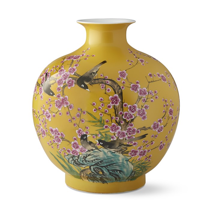 Yellow Hummingbird Ginger Jar Pom Vase