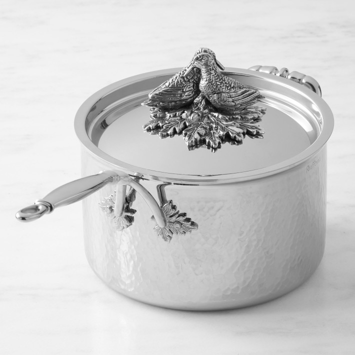Ruffoni Opus Prima Hammered Stainless-Steel Saucepan with Lovebirds Knob, 4-Qt.