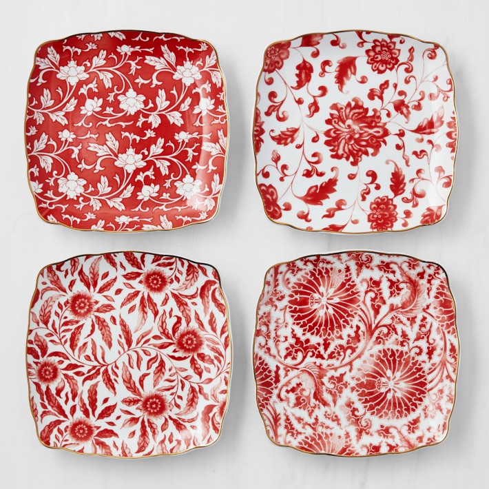 Marlo Thomas Red Floral Appetizer Plates, Set of 4