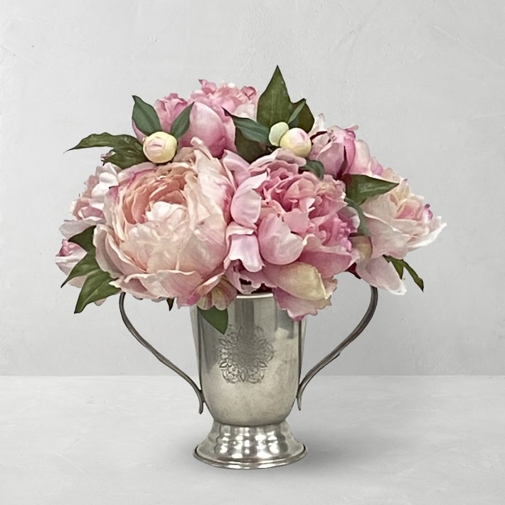 11" Faux Mixed Peonies in Silver Vase
