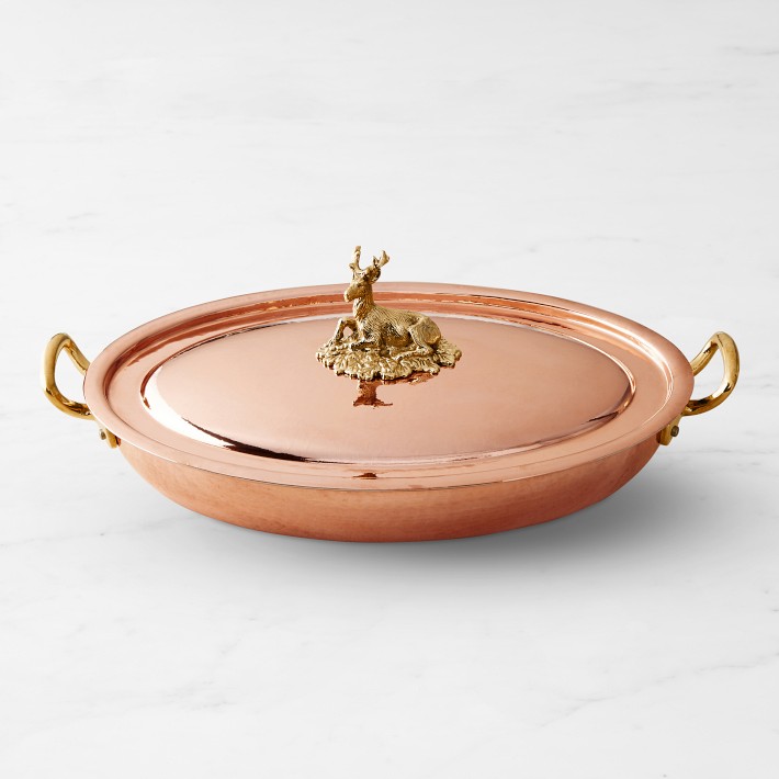 Ruffoni Historia Hammered Copper Covered Oval Gratin with Stag Knob, 3 1\u002F2-Qt.