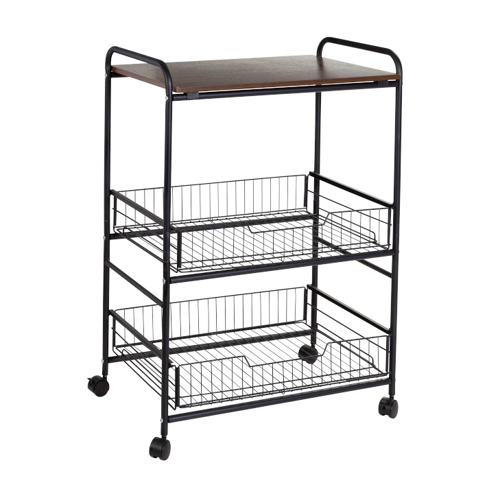 3-Tier Kitchen Cart with Pull-Out Baskets, Black\u002FWalnut