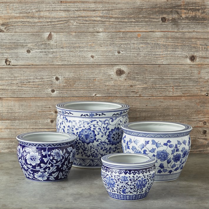 Blue & White Ceramic Planter, Medium