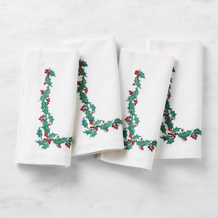 Embroidered White Holiday Napkins, Set of 4