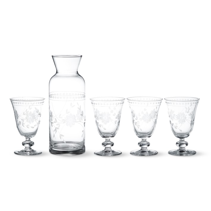 Vintage Etched Carafe & Goblets, Set of 4