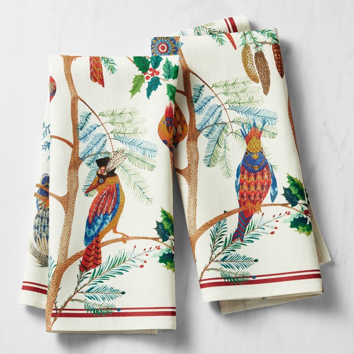 Holiday Bird Linen Towels, Set of 2