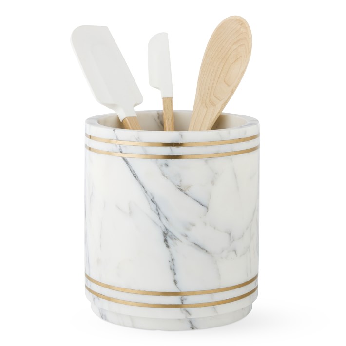 Arabescato Marble with Brass Inlay Utensil Holder