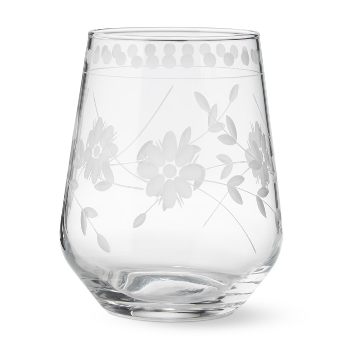Vintage Etched Stemless Wine Glasses
