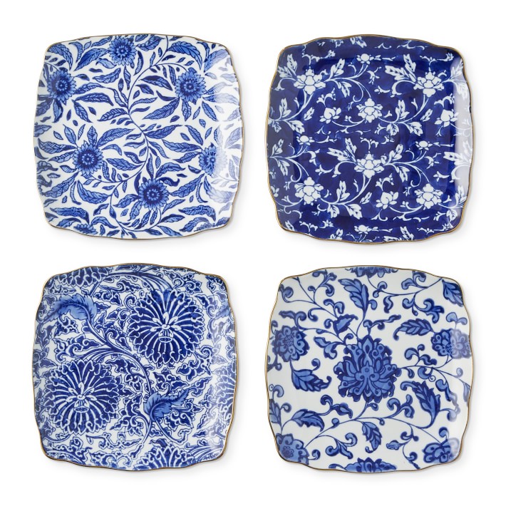 Marlo Thomas Blue Floral Appetizer Plates, Set of 4