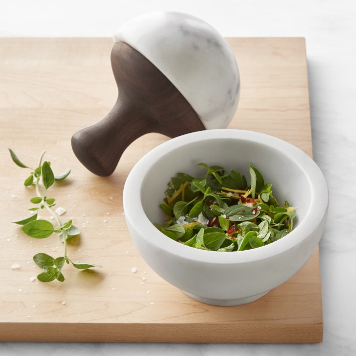 White Marble and Walnut Mortar & Pestle
